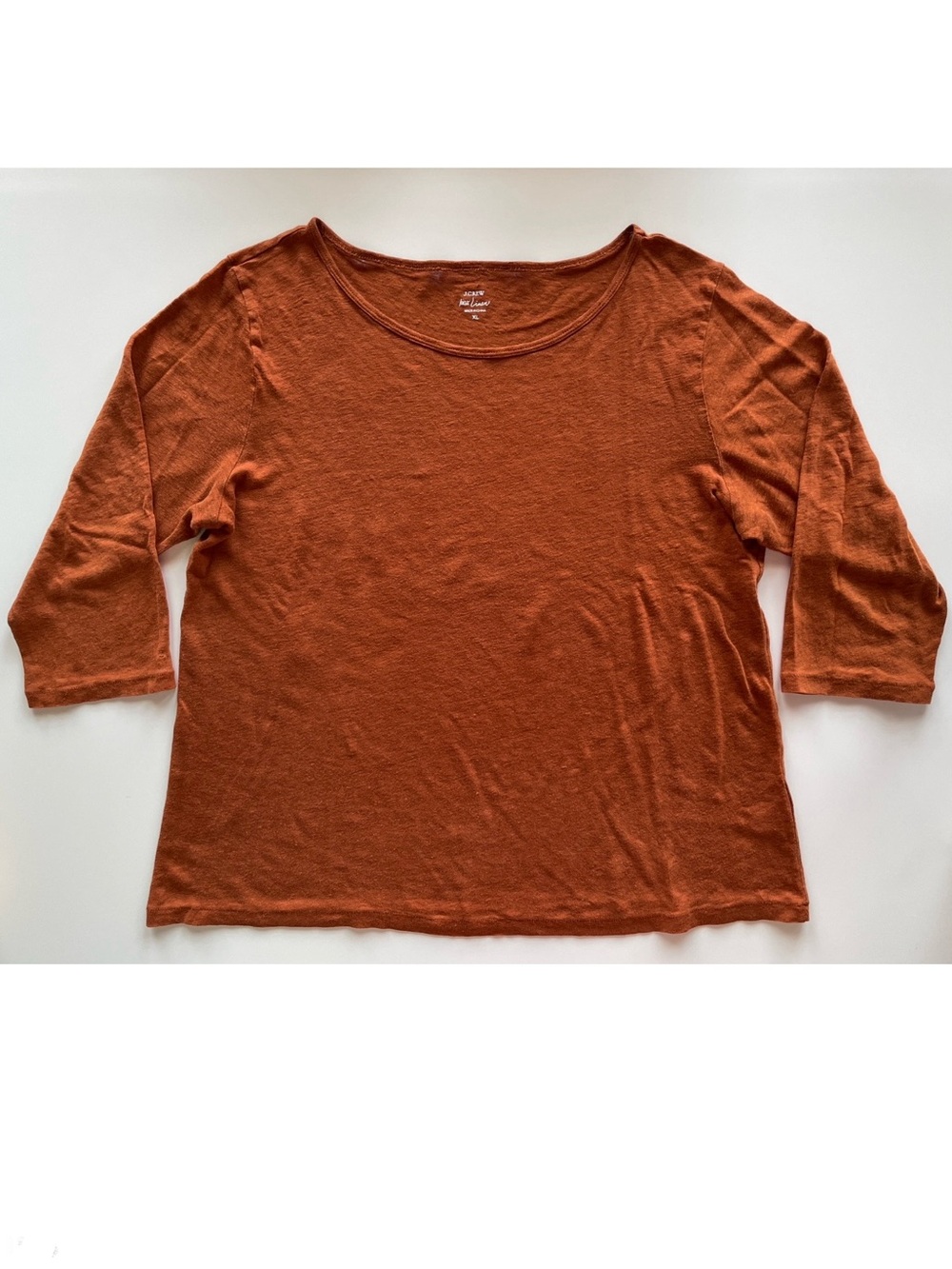 J Crew 100% Linen T Shirt XL Rust Scoop Neck 3/4 Sleeve Knit Jersey Tee Top EUC